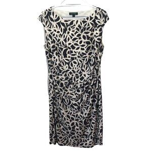 Ralph Lauren Gray Ivory Floral Sheath Dress Ruched Side Lined Cap Sleeve Size16